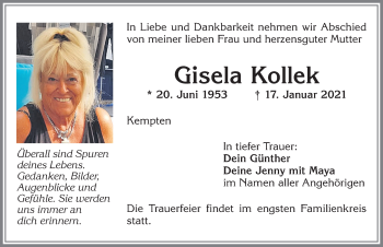 Traueranzeige von Gisela Kollek von Allgäuer Zeitung,Kempten