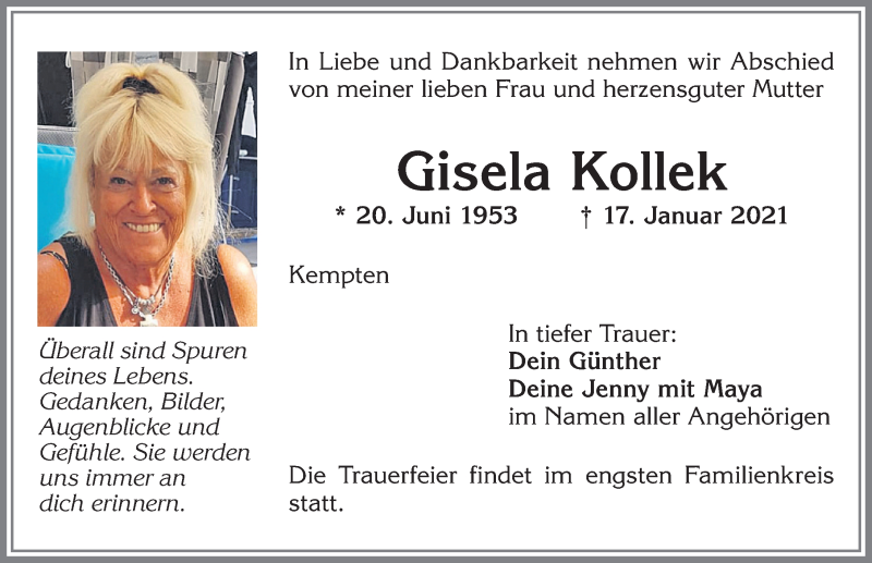  Traueranzeige für Gisela Kollek vom 23.01.2021 aus Allgäuer Zeitung,Kempten