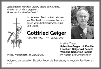 Traueranzeige von Gottfried Geiger von Memminger Zeitung