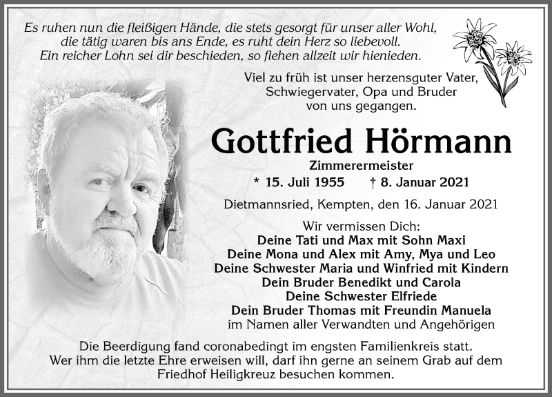  Traueranzeige für Gottfried Hörmann vom 16.01.2021 aus Allgäuer Zeitung,Kempten