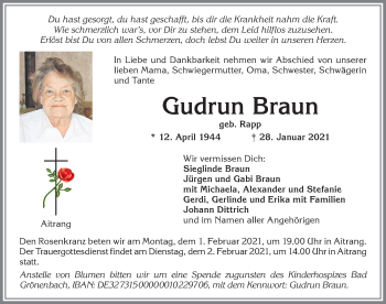 Traueranzeige von Gudrun Braun von Allgäuer Zeitung, Marktoberdorf