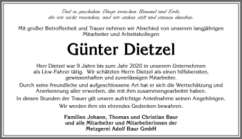 Traueranzeige von Günter Dietzel von Allgäuer Zeitung, Kaufbeuren/Buchloe