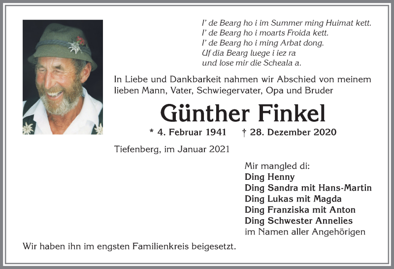  Traueranzeige für Günther Finkel vom 09.01.2021 aus Allgäuer Anzeigeblatt