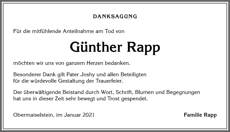  Traueranzeige für Günther Rapp vom 13.01.2021 aus Allgäuer Anzeigeblatt
