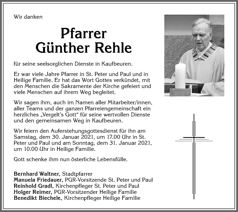  Traueranzeige für Günther Rehle vom 27.01.2021 aus Allgäuer Zeitung, Kaufbeuren/Buchloe