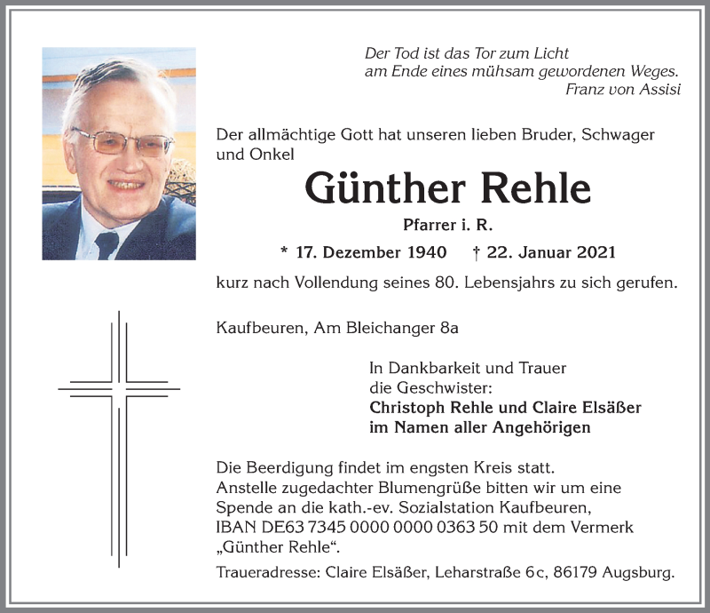  Traueranzeige für Günther Rehle vom 27.01.2021 aus Allgäuer Zeitung, Kaufbeuren/Buchloe