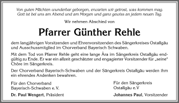 Traueranzeige von Günther Rehle von Allgäuer Zeitung