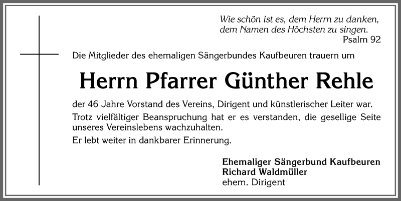  Traueranzeige für Günther Rehle vom 28.01.2021 aus Allgäuer Zeitung, Kaufbeuren/Buchloe