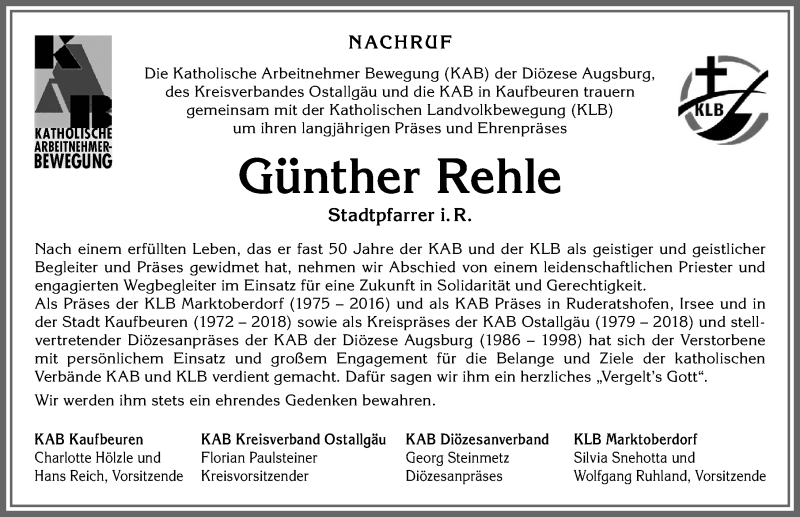  Traueranzeige für Günther Rehle vom 30.01.2021 aus Allgäuer Zeitung, Füssen