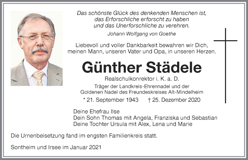  Traueranzeige für Günther Städele vom 09.01.2021 aus Allgäuer Zeitung