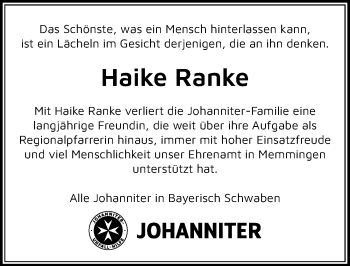 Traueranzeige von Haike Ranke von Allgäuer Zeitung
