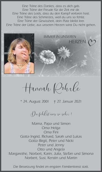 Traueranzeige von Hannah Röhrle von Der Westallgäuer