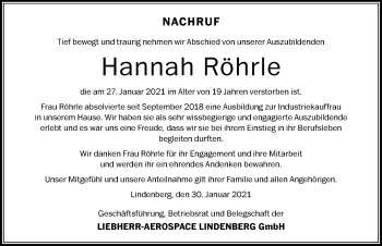 Traueranzeige von Hannah Röhrle von Der Westallgäuer