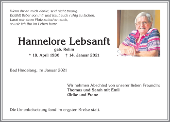 Traueranzeige von Hannelore Lebsanft von Allgäuer Anzeigeblatt