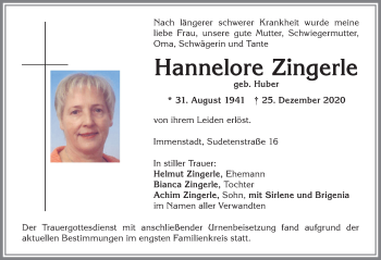 Traueranzeige von Hannelore Zingerle von Allgäuer Anzeigeblatt
