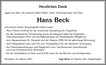 Traueranzeige von Hans Beck von Allgäuer Zeitung,Kempten