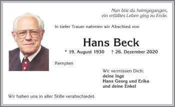 Traueranzeige von Hans Beck von Allgäuer Zeitung,Kempten