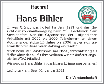Traueranzeige von Hans Bihler von Allgäuer Zeitung, Füssen