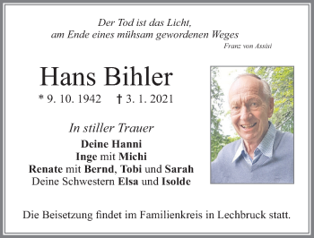 Traueranzeige von Hans Bihler von Allgäuer Zeitung, Füssen