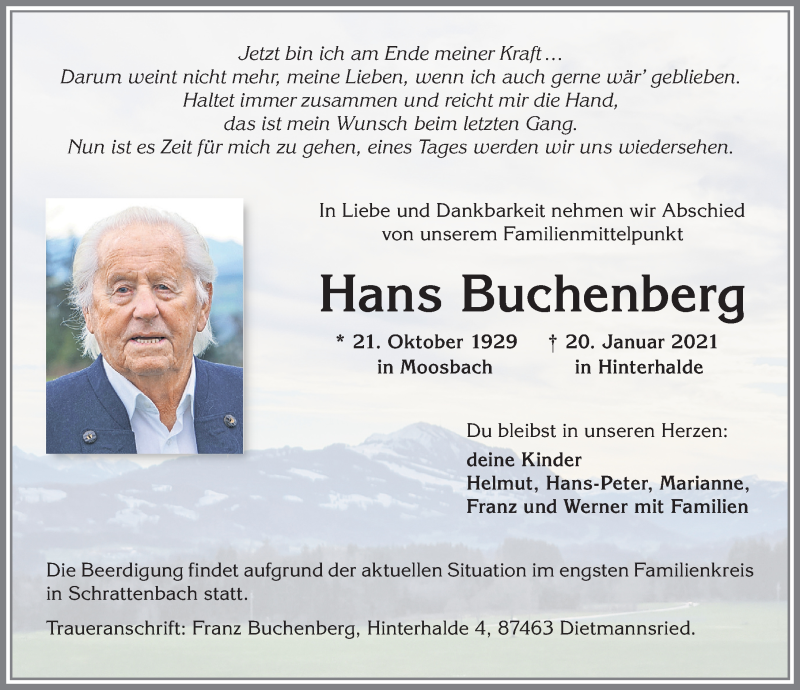  Traueranzeige für Hans Buchenberg vom 23.01.2021 aus Allgäuer Zeitung,Kempten