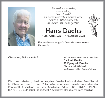 Traueranzeige von Hans Dachs von Allgäuer Anzeigeblatt