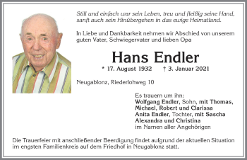 Traueranzeige von Hans Endler von Allgäuer Zeitung, Kaufbeuren/Buchloe