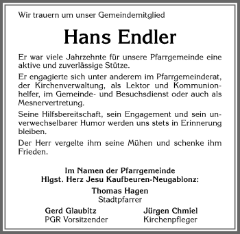 Traueranzeige von Hans Endler von Allgäuer Zeitung, Kaufbeuren/Buchloe