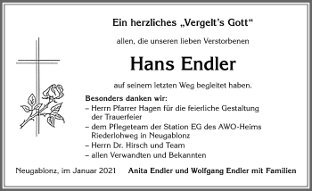 Traueranzeige von Hans Endler von Allgäuer Zeitung, Kaufbeuren/Buchloe