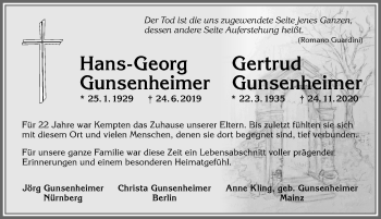 Traueranzeige von Hans-Georg Gunsenheimer von Allgäuer Zeitung,Kempten