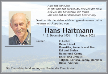 Traueranzeige von Hans Hartmann von Allgäuer Zeitung,Kempten