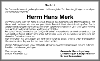 Traueranzeige von Hans Merk von Memminger Zeitung
