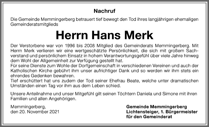  Traueranzeige für Hans Merk vom 20.01.2021 aus Memminger Zeitung