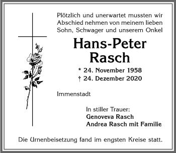 Traueranzeige von Hans-Peter Rasch von Allgäuer Anzeigeblatt