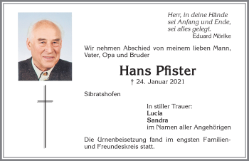 Traueranzeige von Hans Pfister von Allgäuer Zeitung,Kempten