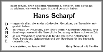 Traueranzeige von Hans Scharpf von Allgäuer Zeitung, Kaufbeuren/Buchloe
