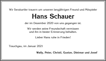 Traueranzeige von Hans Schauer von Allgäuer Zeitung, Füssen