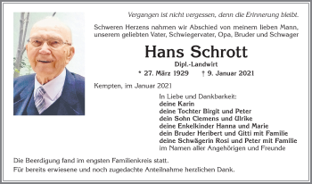 Traueranzeige von Hans Schrott von Allgäuer Zeitung,Kempten