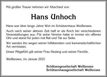 Traueranzeige von Hans Unhoch von Allgäuer Zeitung, Füssen