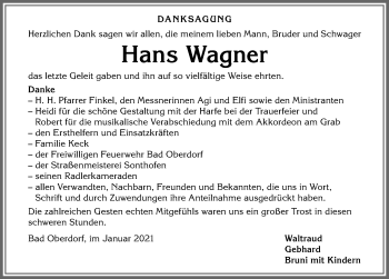 Traueranzeige von Hans Wagner von Allgäuer Anzeigeblatt