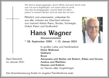 Traueranzeige von Hans Wagner von Allgäuer Anzeigeblatt