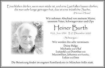 Traueranzeige von Heiner Burth von Allgäuer Zeitung, Füssen
