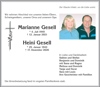 Traueranzeige von Heini Gesell von Allgäuer Anzeigeblatt