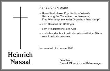 Traueranzeige von Heinrich Nassal von Allgäuer Anzeigeblatt