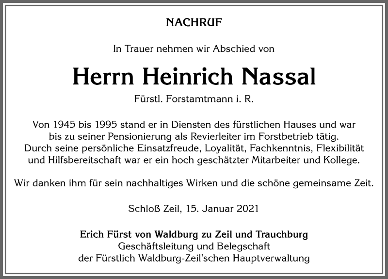  Traueranzeige für Heinrich Nassal vom 15.01.2021 aus Allgäuer Anzeigeblatt