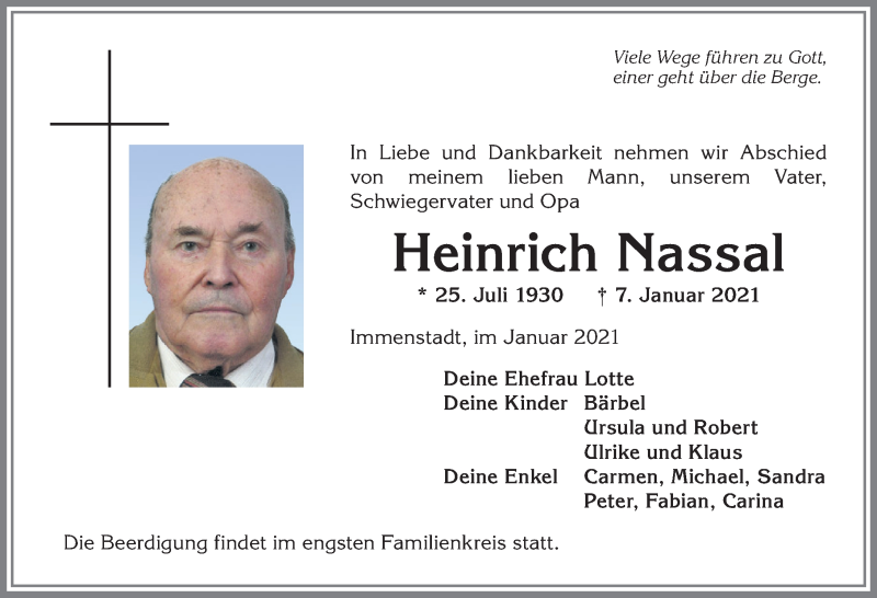  Traueranzeige für Heinrich Nassal vom 13.01.2021 aus Allgäuer Anzeigeblatt