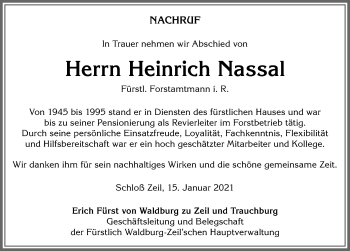 Traueranzeige von Heinrich Nassal von Allgäuer Anzeigeblatt