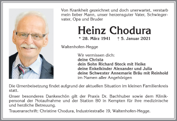 Traueranzeige von Heinz Chodura von Allgäuer Zeitung,Kempten