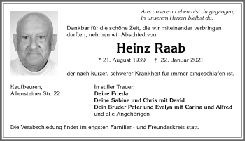 Traueranzeige von Heinz Raab von Allgäuer Zeitung, Kaufbeuren/Buchloe