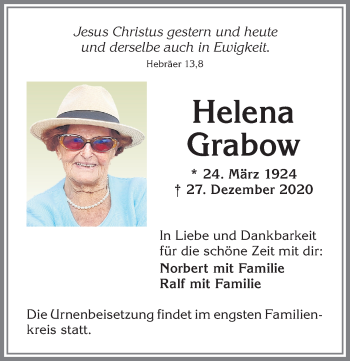 Traueranzeige von Helena Grabow von Allgäuer Zeitung,Kempten