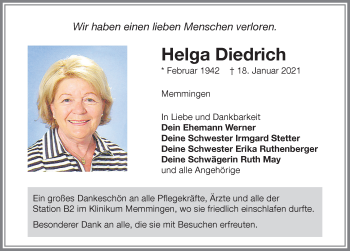 Traueranzeige von Helga Diedrich von Memminger Zeitung